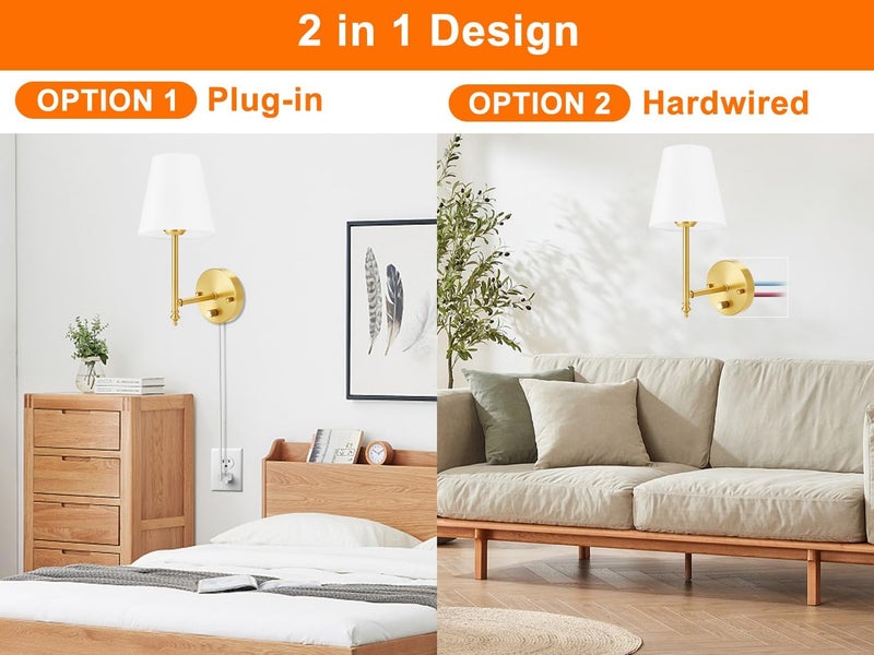 GOODATE Wall Sconces Set of Two with Remote Control, Dimmable, Adjustable Colors 2700-6500K, Plug in Wall Sconces with White Fabric Shades, Plug in Wall Light, Gold - Image 3
